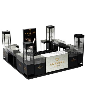 Conception de kiosque à bijoux en bois noir personnalisé commercial