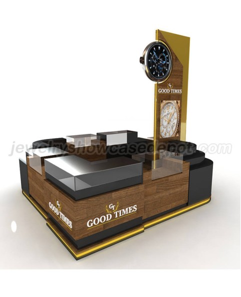 Quiosque comercial de relógios de madeira personalizados no shopping