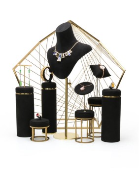 Conjuntos de exibição de joias de luxo em aço inoxidável dourado de veludo preto