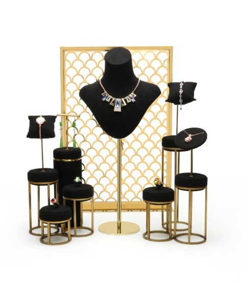 Luxe zwart fluwelen gouden roestvrijstalen sieraden etalage sets te koop