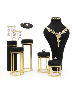 Accesorios de exhibición de joyería de acero inoxidable de oro de terciopelo negro premium para la venta