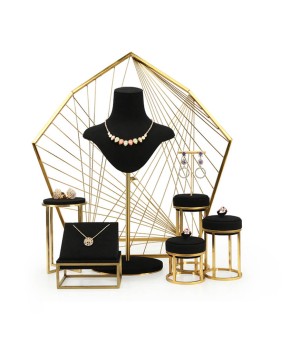 Premium Black Velvet Gold Stainless Steel Perhiasan Tampilan Set Dijual