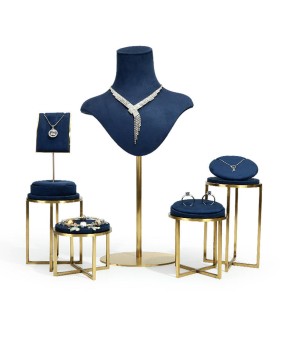 Conjunto de exhibición de joyería de acero inoxidable de terciopelo azul marino de lujo al por mayor