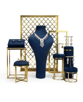 Conjuntos de exibição de joias de veludo azul marinho de metal dourado