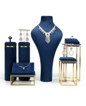 Luxury Navy Blue Velvet Stainless Steel Jewelry Display Stand Set For Sale