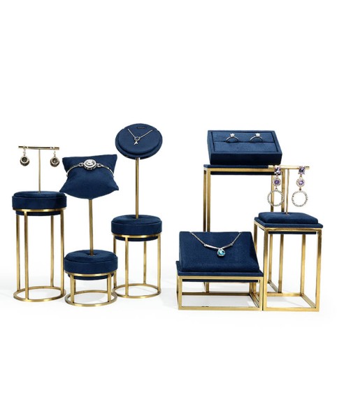 Luxury Navy Blue Velvet Stainless Steel Jewelry Display Stands For Sale