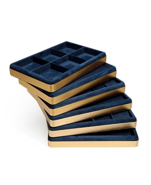Luxury Navy Blue Stackable Velvet Chain and Bracelet Display Tray For Sale