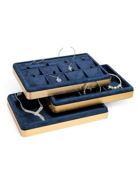 Luxury Navy Blue Stackable Velvet Chain and Bracelet Display Tray For Sale