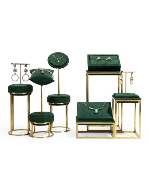 Set di espositori per gioielli in acciaio inossidabile di velluto verde di lusso in vendita