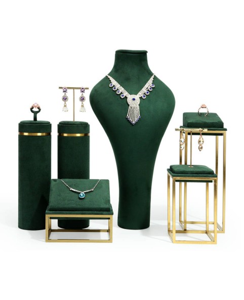 Conjuntos de exibição de joias de luxo em aço inoxidável de veludo verde para lojas