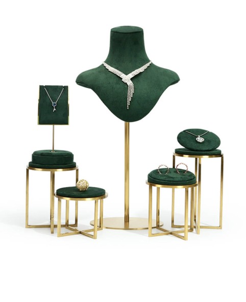Set di espositori per gioielli in acciaio inossidabile di velluto verde di lusso in vendita