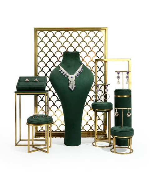 Luxe groene fluwelen roestvrijstalen sieradenshowcase-displaysets te koop