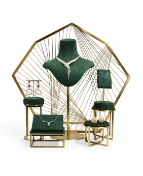 Set di vetrine per gioielli in acciaio inossidabile di velluto verde di lusso in vendita