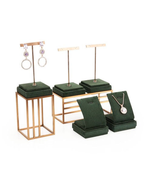 Popular Dark Green Gold Stainless Steel Jewelry Display Stands For Retail