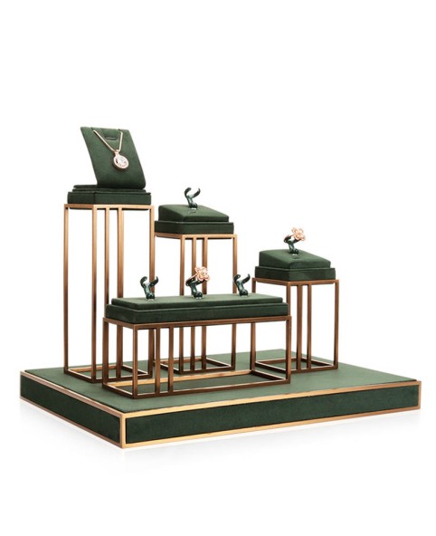Popular Dark Green Gold Stainless Steel Jewelry Display Stands For Shops