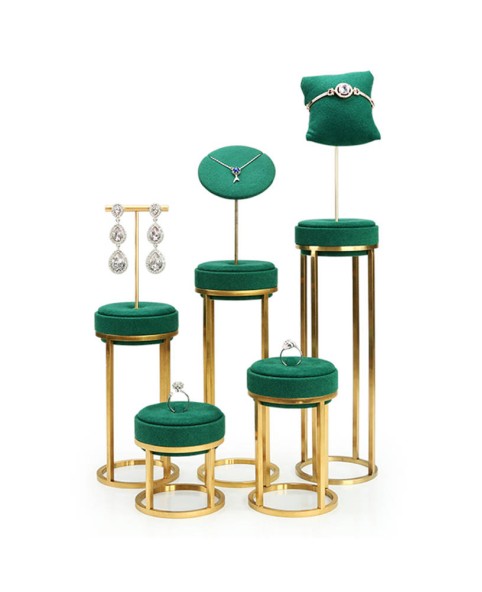 High End Green Velvet Stainless Steel Jewelry Display Set For Sale