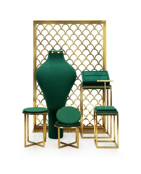 High End Green Velvet Stainless Steel Jewelry Display Stand Set For Sale