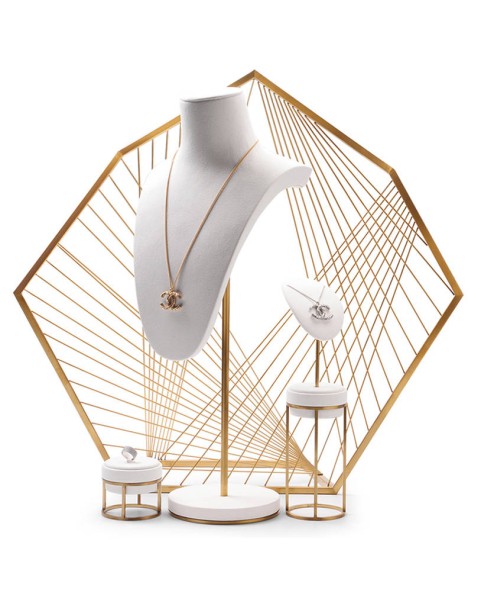 Conjuntos modernos de exibição de joias em aço inoxidável dourado de veludo branco para venda