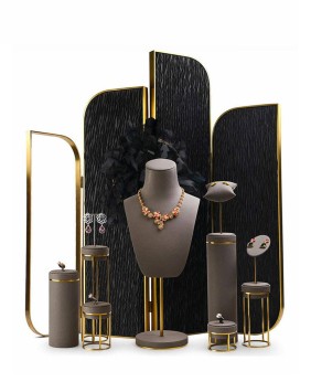Modern Grey Velvet Gold Stainless Steel Jewelry Display Sets