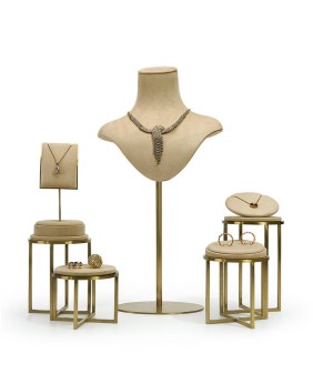 Conjuntos de exibição de joias de varejo de luxo em aço inoxidável de veludo cáqui para venda