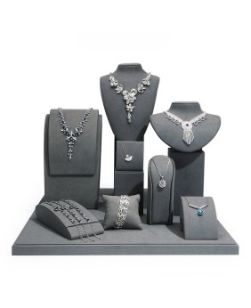 Juegos de soporte de exhibición de joyería de terciopelo gris comercial de lujo