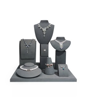 Set di espositori per gioielli in velluto grigio commerciale di lusso