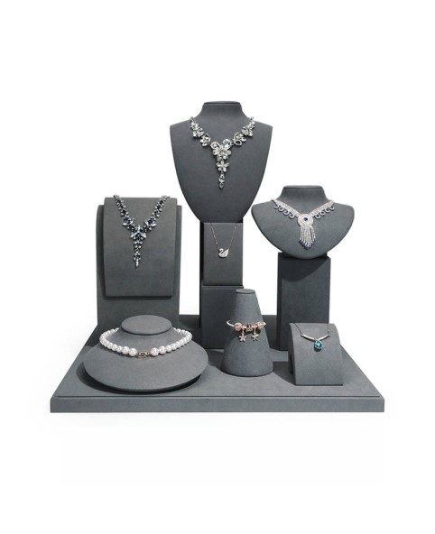 Ensembles de présentoirs à bijoux en velours gris commerciaux de luxe