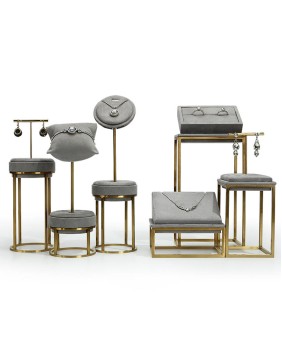 Luxus-Schmuck-Schaukasten-Display-Sets aus grauem Samt-Edelstahl für den Einzelhandel