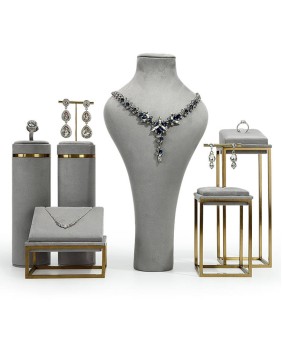 Expositores de joias de varejo de luxo cinza veludo de aço inoxidável para lojas