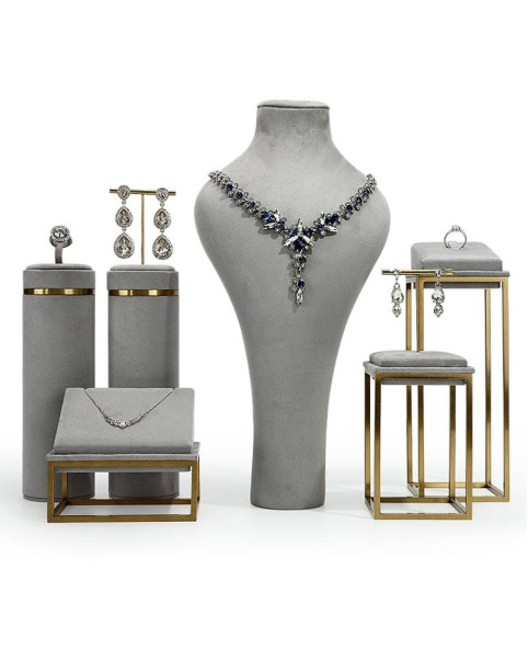 Espositori per gioielli al dettaglio in acciaio inossidabile di lusso in velluto grigio per negozi