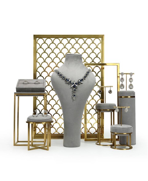 Set di espositori per vetrine di gioielli al dettaglio in acciaio inossidabile di velluto grigio di lusso