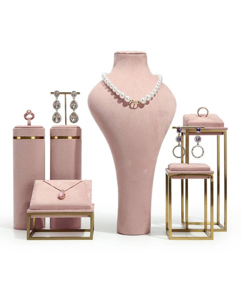 Conjuntos de exibição de joias de luxo em aço inoxidável de veludo rosa para venda