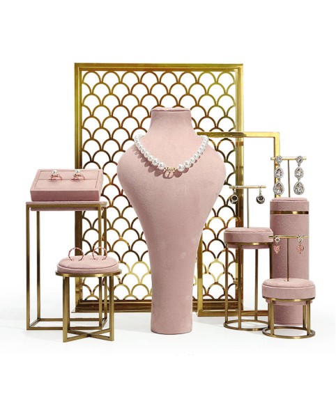 Conjuntos de soporte de exhibición de joyería de acero inoxidable de terciopelo rosa de lujo para la venta