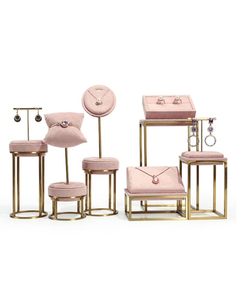 Luxe roze fluwelen roestvrijstalen retail sieraden display sets