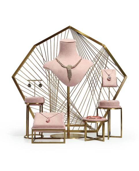 Conjuntos de vitrine de joias de varejo de luxo de veludo rosa em aço inoxidável