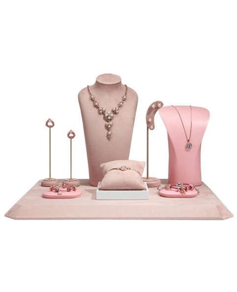 Conjuntos de exhibición de joyería comercial de terciopelo rosa de lujo