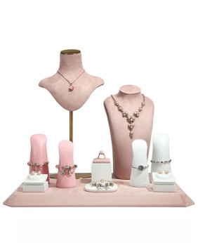 Conjuntos de expositores de joias de veludo rosa de luxo para venda