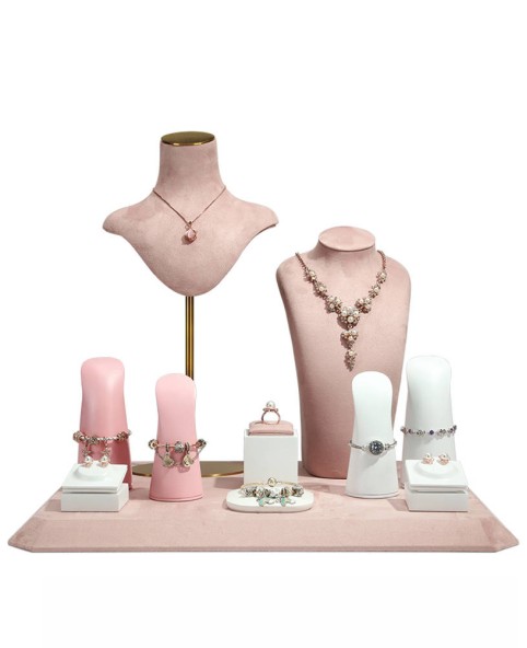 Conjuntos de soporte de exhibición de joyería de terciopelo rosa de lujo para la venta
