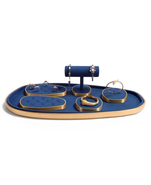 Soportes de exhibición de joyería de oro de terciopelo de bandeja de exhibición de joyería azul marino de lujo
