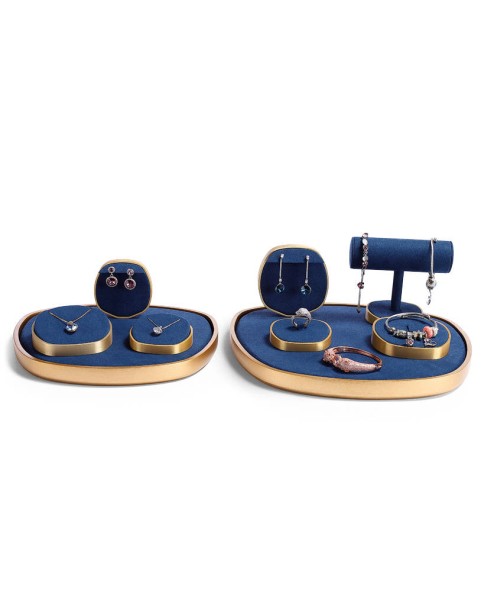 Luxury Navy Blue Velvet Gold Jewelry Display Set