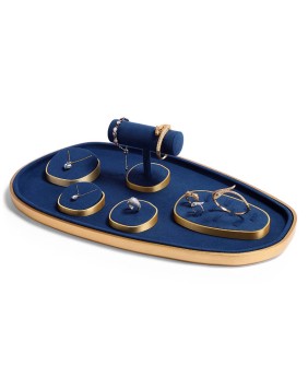 Luxury Navy Blue Velvet Gold Jewelry Display Stand Sets