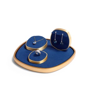 Luxury Navy Blue Velvet Gold Jewelry Display Tray For Sale