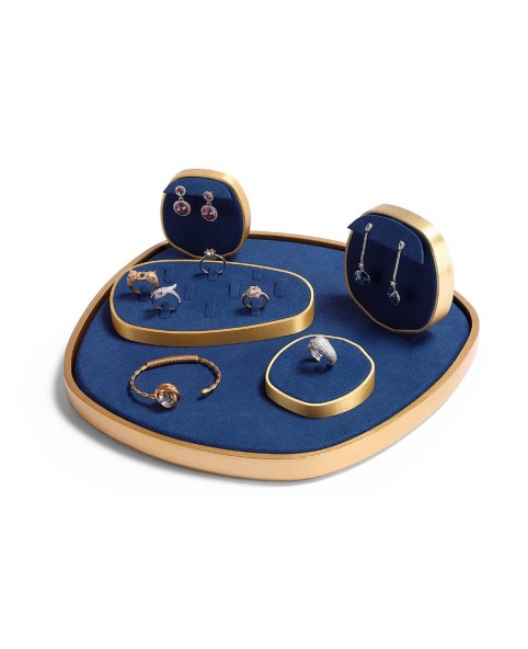 Bandeja de exhibición de joyas de oro de terciopelo azul marino moderno