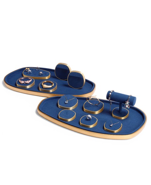 Bandejas de exhibición de joyería de oro de terciopelo azul marino moderno para tienda