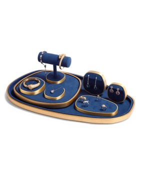 Modern Navy Blue Velvet Gold Jewelry Showcase Display Trays