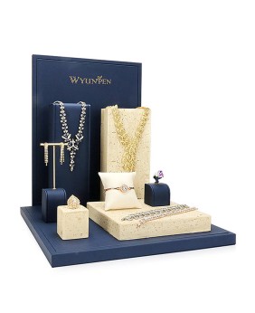 Conjuntos de exibição de expositores de joias de couro azul marinho de luxo para varejo