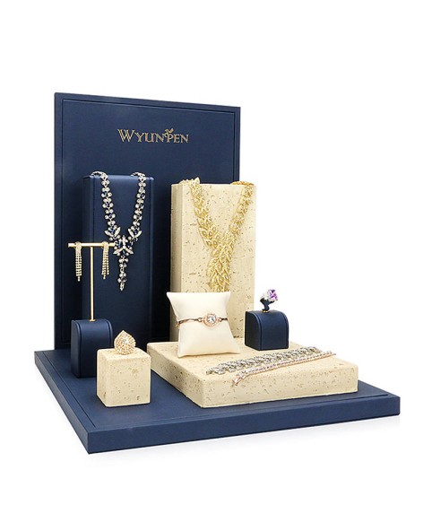 Ensembles daffichage de présentoirs de bijoux au détail en cuir bleu marine de luxe