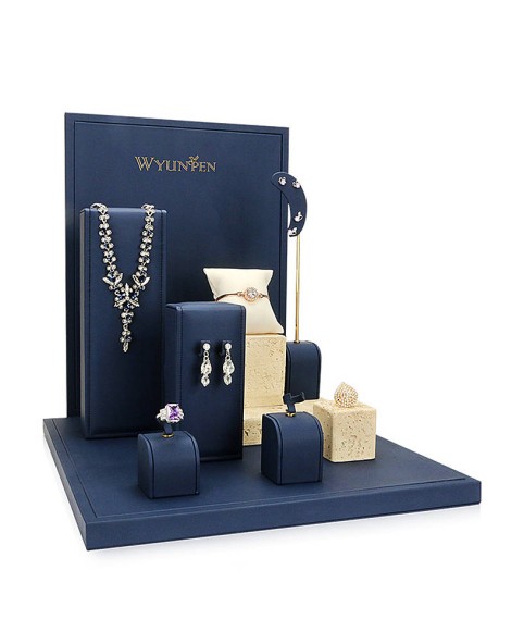 Luxury Navy Blue Leather Retail Jewelry Showcase Display Sets