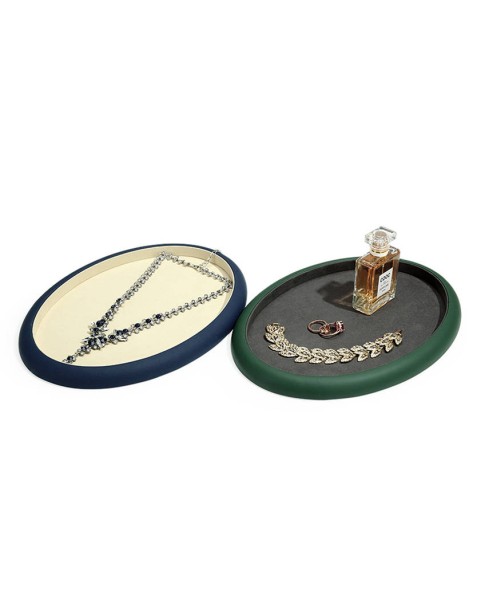 Bandejas de presentación de joyería de collar azul marino ovalado de lujo en terciopelo crema para la venta