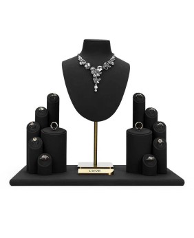 Venda de conjuntos de exibição de joias de veludo preto de metal dourado